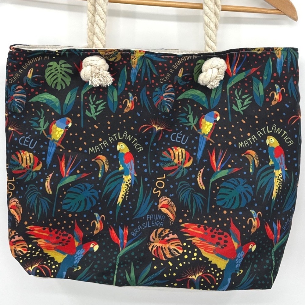 Becky Tropical Parrot Print Beach Cruise Tote Bag Mata Atlântica Rope Handle NWT